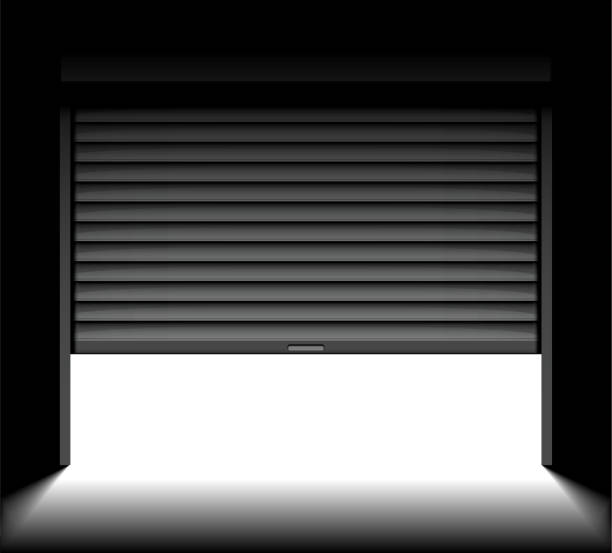 Rolling shutter door. Roller garage metal gate. Electric roll white window background shutter Rolling shutter door. Roller garage metal gate. Electric roll white window background shutter. roll a door stock illustrations
