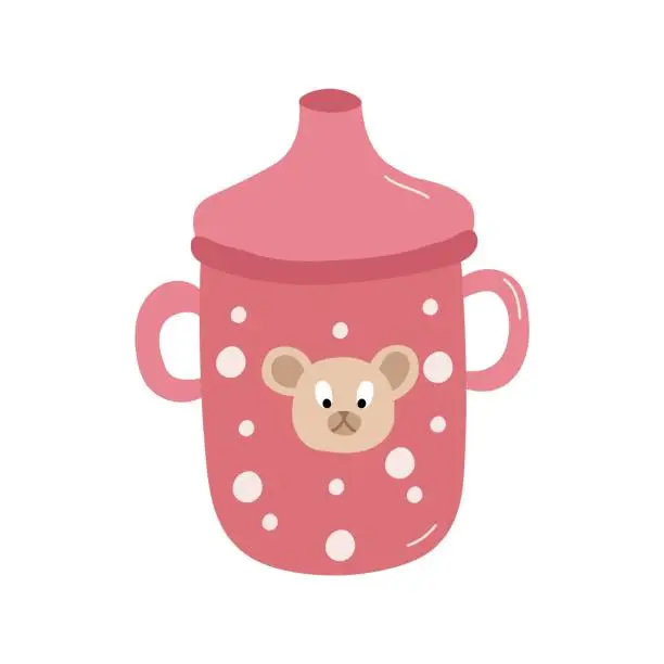 Vector illustration of Baby cup bottle isolated on white background. Baby sippy reservoir pink with dots and bear head, drinking bowl with milk or juice with two handles vector illustration