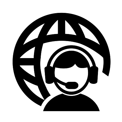 Vector illustration, logo, web icon of a man in headphones, a support service operator. Isolated on a white background.