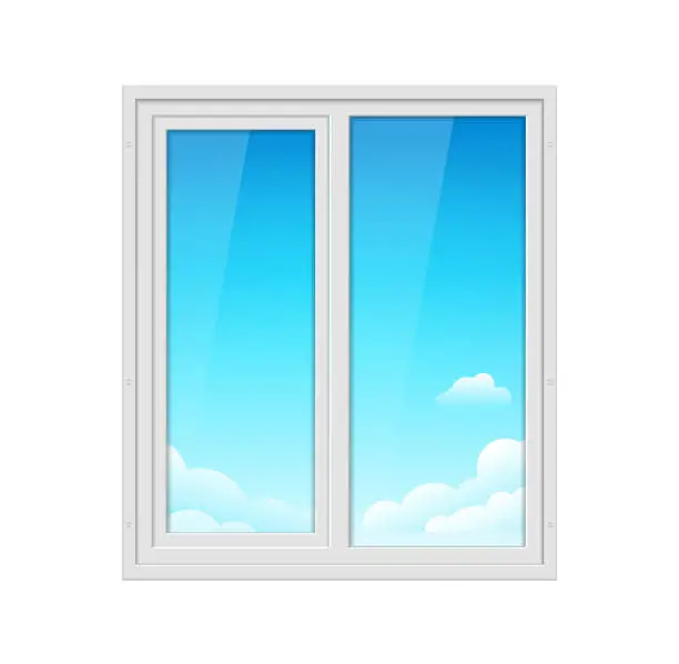 Vector illustration of Plastic window frame in house. Vector glass plastic window closedm office inside illustration, blue sky outside
