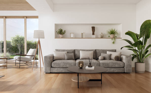 istock Open space living room and kitchen interior with large windows, gray sofa, dining table and hardwood flooring. Modern design solution 2037012330