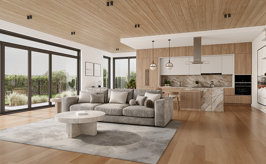Open space living room and kitchen interior with large windows, gray sofa, dining table and hardwood flooring. Modern design solution, 3d rendering