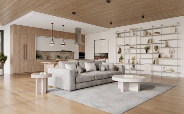 istock Open space living room and kitchen interior with large windows, gray sofa, dining table and hardwood flooring. Modern design solution 2037012350