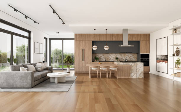 istock Open space living room and kitchen interior with large windows, gray sofa, dining table and hardwood flooring. Modern design solution 2037012869