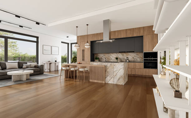 Open space living room and kitchen interior with large windows, gray sofa, dining table and hardwood flooring. Modern design solution Open space living room and kitchen interior with large windows, gray sofa, dining table and hardwood flooring. Modern design solution, 3d rendering hardwood floor stock pictures, royalty-free photos & images