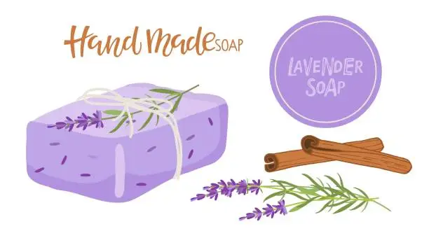 Vector illustration of Handmade natural Lavender Soap bar, lavender grass and cinnamon, lable. Fragrant herb. Vector flat Illustration for banner, packaging, spa body care, natural organic spa products cosmetics.