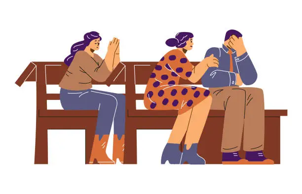 Vector illustration of People pray sitting on benches of the church, flat vector illustration isolated.