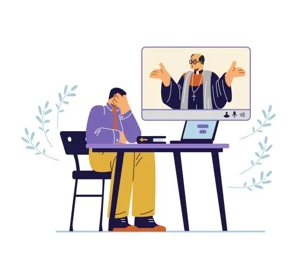 Vector illustration of Church pastor communicates with a parishioner online, flat vector isolated.