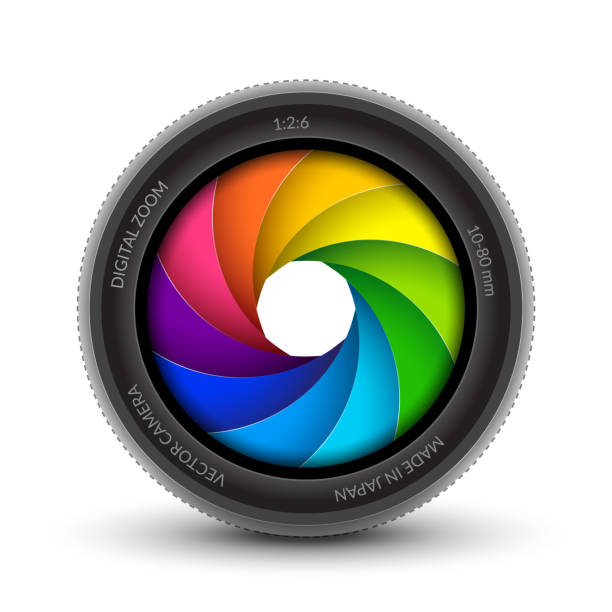 ilustrações de stock, clip art, desenhos animados e ícones de camera shutter photography icon aperture. focus vector colorful lens zoom digital design - white background studio shot macro square