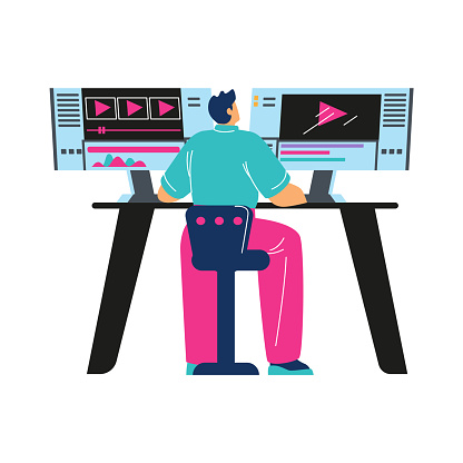 Vector illustration of a video editor working on a computer with dual monitors, engaged in the post-production process