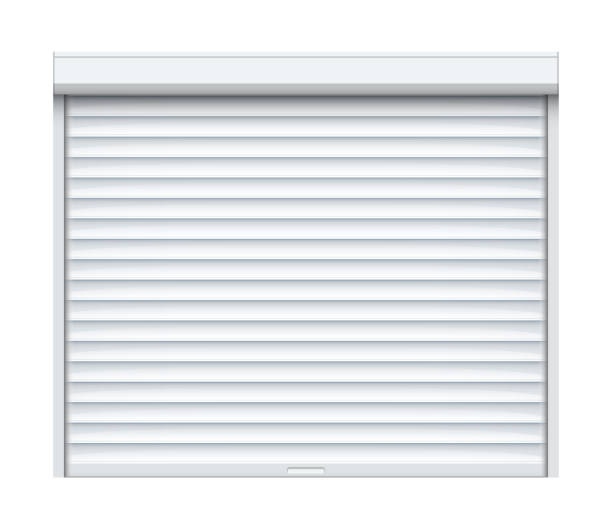 Rolling shutter door. Roller garage metal gate. Electric roll white window background shutter Rolling shutter door. Roller garage metal gate. Electric roll white window background shutter. roll a door stock illustrations
