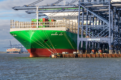 Felixstowe, Suffolk, England, UK - November 22, 2022: View of a container ship in Felixstowe Harbour