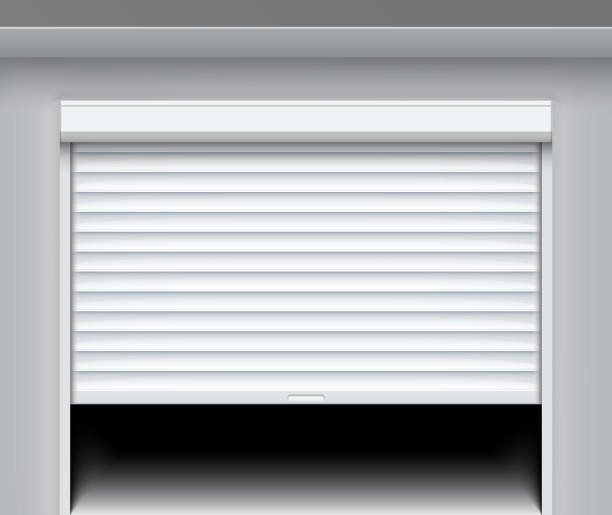 Rolling shutter door. Roller garage metal gate. Electric roll white window background shutter Rolling shutter door. Roller garage metal gate. Electric roll white window background shutter. roll a door stock illustrations