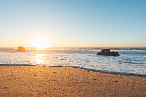 Sunset with waves on the West Coast of California