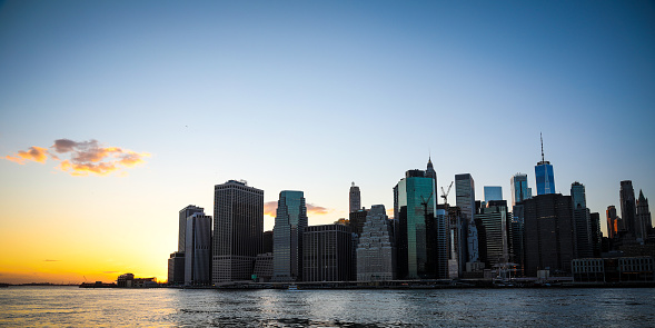 New York city Manhattan downtown skyline sunset financial district skyscrapers