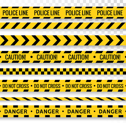 Crime line tape. Police danger caution vector yellow barrier. Not cross security line.