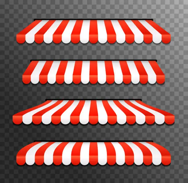 Vector illustration of Store awning shop canopy. Store tent red striped roof front view. Restaurant, grocery or cafe awning street umbrella