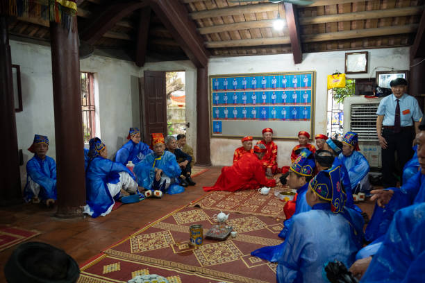 Bac Ninh, Vietnam 02,25,2024 The older men in the village wear traditional costumes