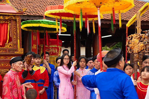 Bac Ninh, Vietnam 02,25,2024 Lim Festival The women in the village wear ao dai to carry the palanquin