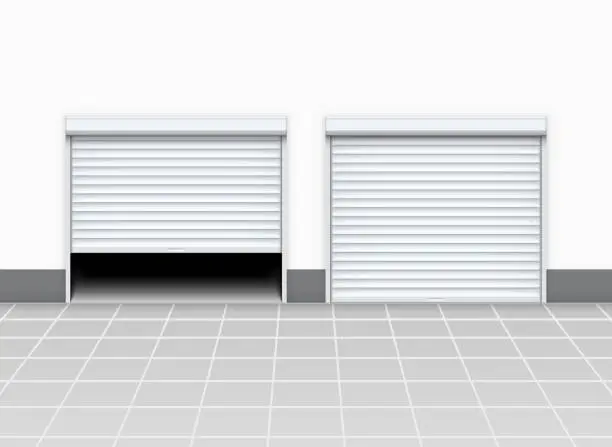 Vector illustration of Warehouse or garage roller shutter door. Factory roller door entrance, floor building store shop interior