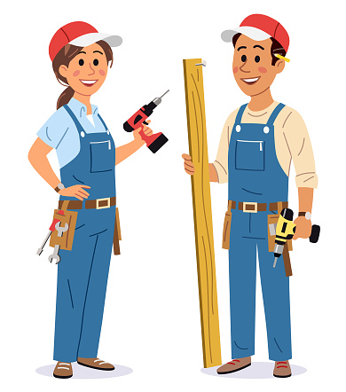 Vector illustration of a man and a woman wearing hats and bib overalls, holding a drill and looking at the camera, isolated on white.