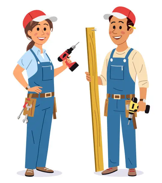 Vector illustration of Young Man And Woman With Drills