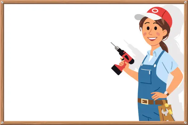 Vector illustration of Young Woman With Drill In Front Of A White Sign