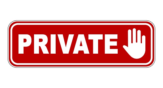 Private, warning sign. Horizontal red strip with word Private and a stop hand gesture symbol. Label and sticker.