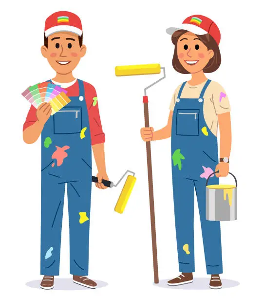 Vector illustration of Male And Female Painters With Paint Rollers