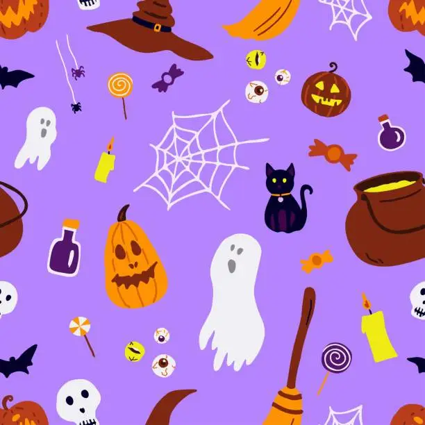 Vector illustration of Happy Halloween seamless pattern with ghosts, skulls, bats, and other elements.