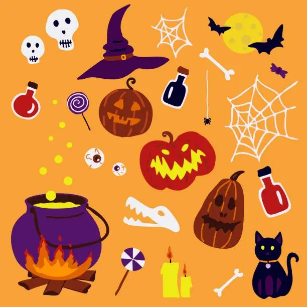 Vector illustration of Set of Halloween icons with pumpkins, skulls, bats, and other elements