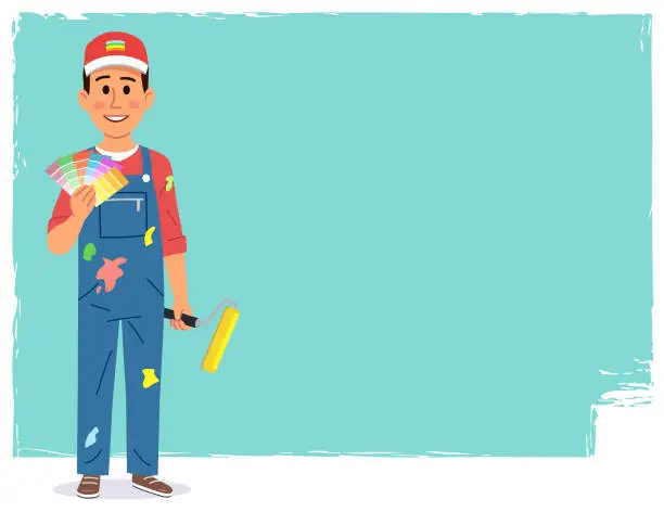 Vector illustration of Painter With Color Swatch In Front Of A Wall