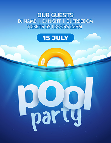 Pool beach summer party invitation banner flyer design. Water and palm inflatable yellow circle. Beach party template poster.