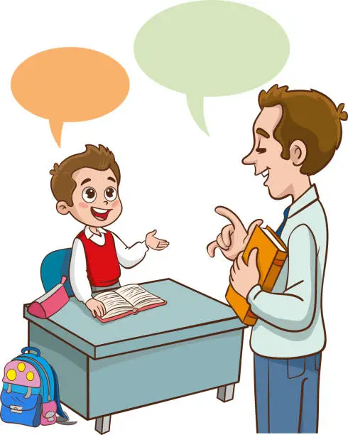Vector illustration of Teacher Teaching Students In Classroom.classroom with teacher and pupils.Children boy and girl sitting learning be happy.