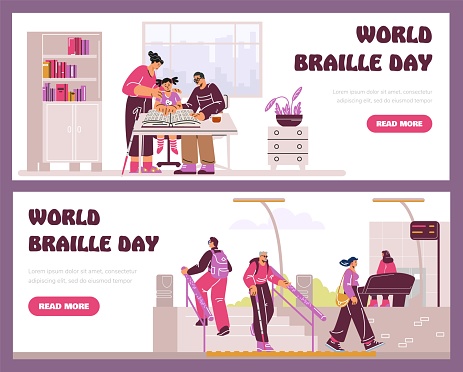 World Braille Day highlighted in a vector set featuring a family learning braille and individuals using mobility aids in urban settings