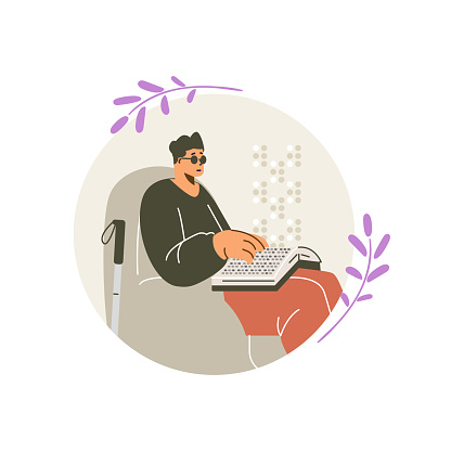 Man with sunglasses sitting on armchair and reading book on braille font using fingers. Braille language for blind people. Vector flat illustration in round frame isolated on white