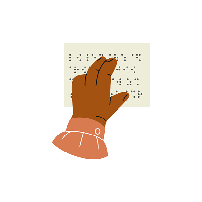 Braille language. Finger of the person drives on points, reading text on sheet with braille font. Cartoon letters for blind people. Vector flat illustration isolated on white background
