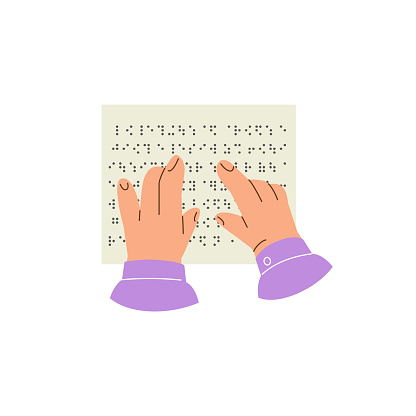 Braille language. Cartoon persons hands tracing the points on pages, reading text on sheet with braille font. Letters for blind people. Vector flat illustration isolated on white background