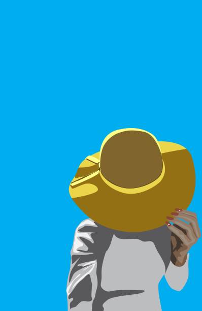 istock Women with big yellow hat isolated on blue background. Vector illustration. 2037171902