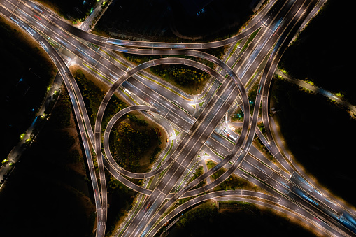 Night view of overpass Aerial photography