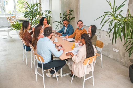 A culturally rich and professional business meeting unfolds in a modern office space, inviting natural light. Colleagues from various ages and backgrounds gather to share ideas, exchange opinions, propose business solutions, and plan for new opportunities, exemplifying the power of collaborative teamwork.