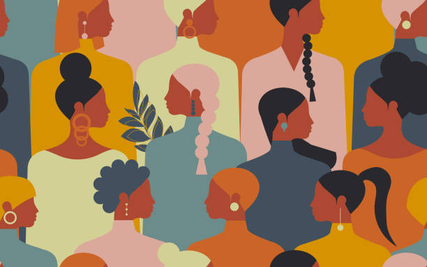 women of different nationalities together form a seamless people pattern for textiles. vector. - fekete etnikum témájú stock illusztrációk