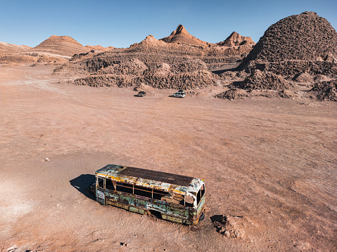 drone view on abandoned truck in vallecito valley in the Atacama desert