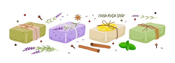 Making soap with natural ingredients. Handmade natural soap bar set. Natural soap with plants, spices, herb. Vector flat Illustration. Aromatherapy and skin hygiene eco herbal cosmetics for bath