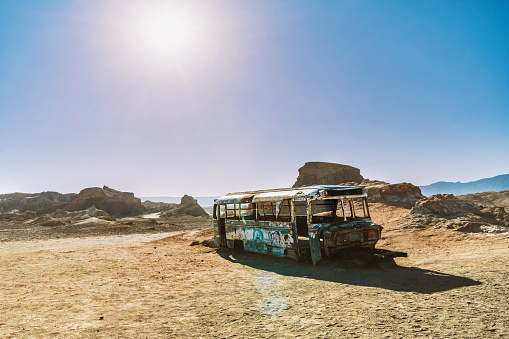 abandoned rusty truck in vallecito valley in the Atacama desert