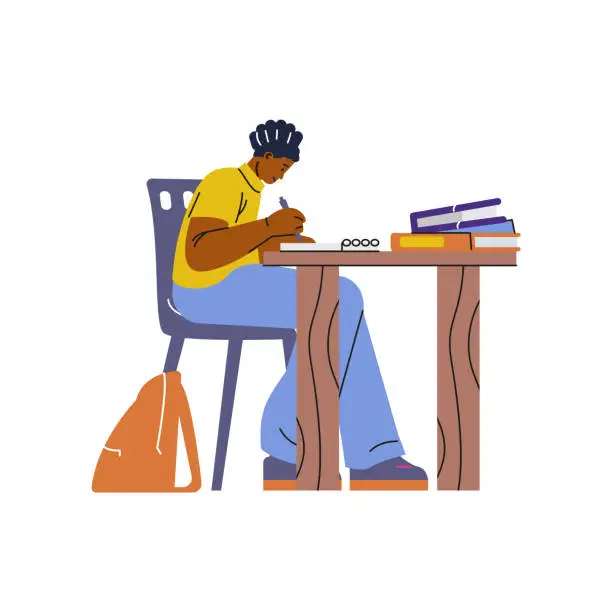 Vector illustration of Focused student deeply engrossed in study with a pile of books on a wooden desk.