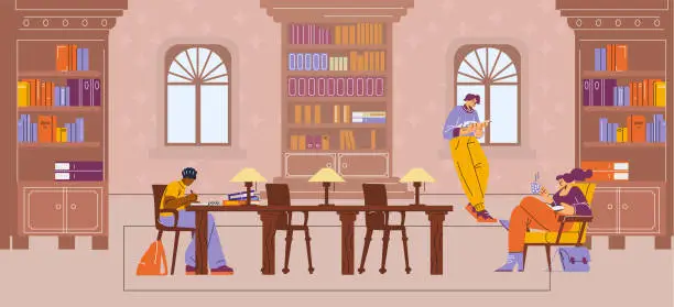 Vector illustration of People engaged in reading, writing, and relaxing in library