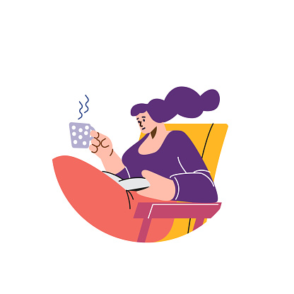 Relaxed reading with coffee. Vector illustration of a person in an armchair with a book and a steaming cup