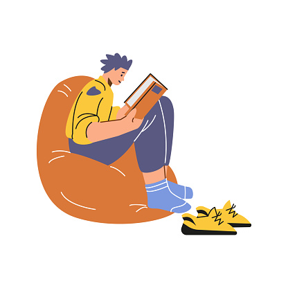 Engrossed in reading, a person sits comfortably on a beanbag, enjoying a book in a tranquil setting, depicted in a vector illustration.