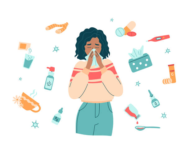 ilustraciones, imágenes clip art, dibujos animados e iconos de stock de mujer con secreción nasal y pañuelo rodeada de medicinas - resfriado-y-gripe